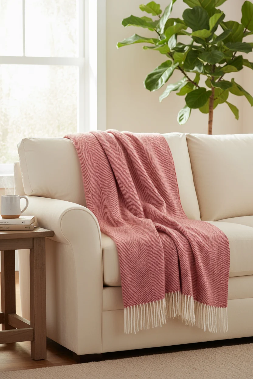 Bronte By Moon Herringbone Pure New Wool Throw, Raspberry Ripple - Image 2