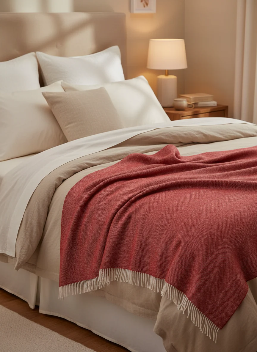 Bronte By Moon Herringbone Pure New Wool Throw, Red - Image 3