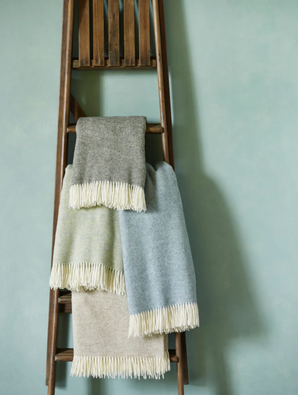 Bronte By Moon Herringbone Shetland Wool Throw, Duck Egg Blue - Image 5