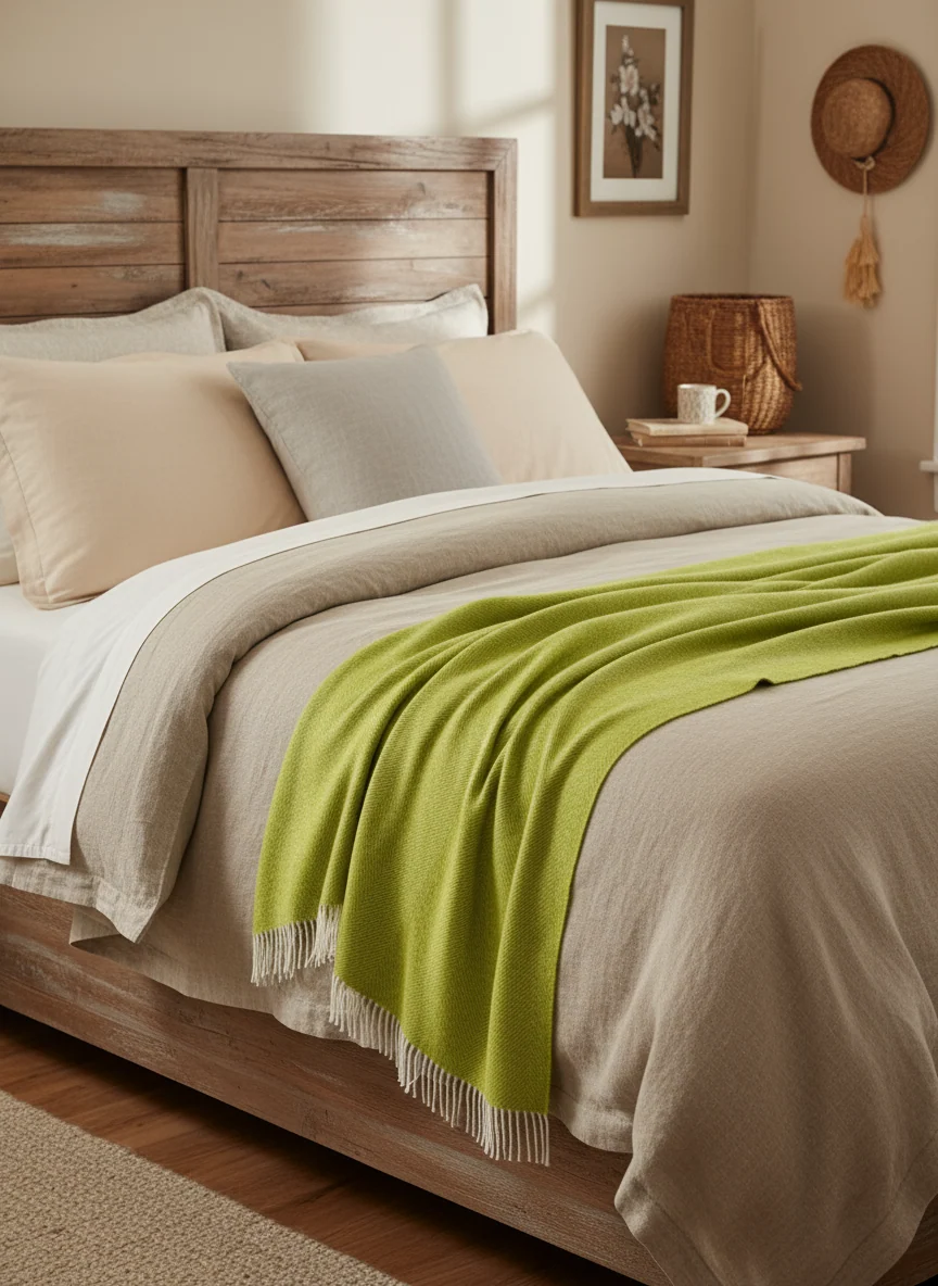 Bronte By Moon Herringbone Shetland Wool Throw, Lime - Image 3