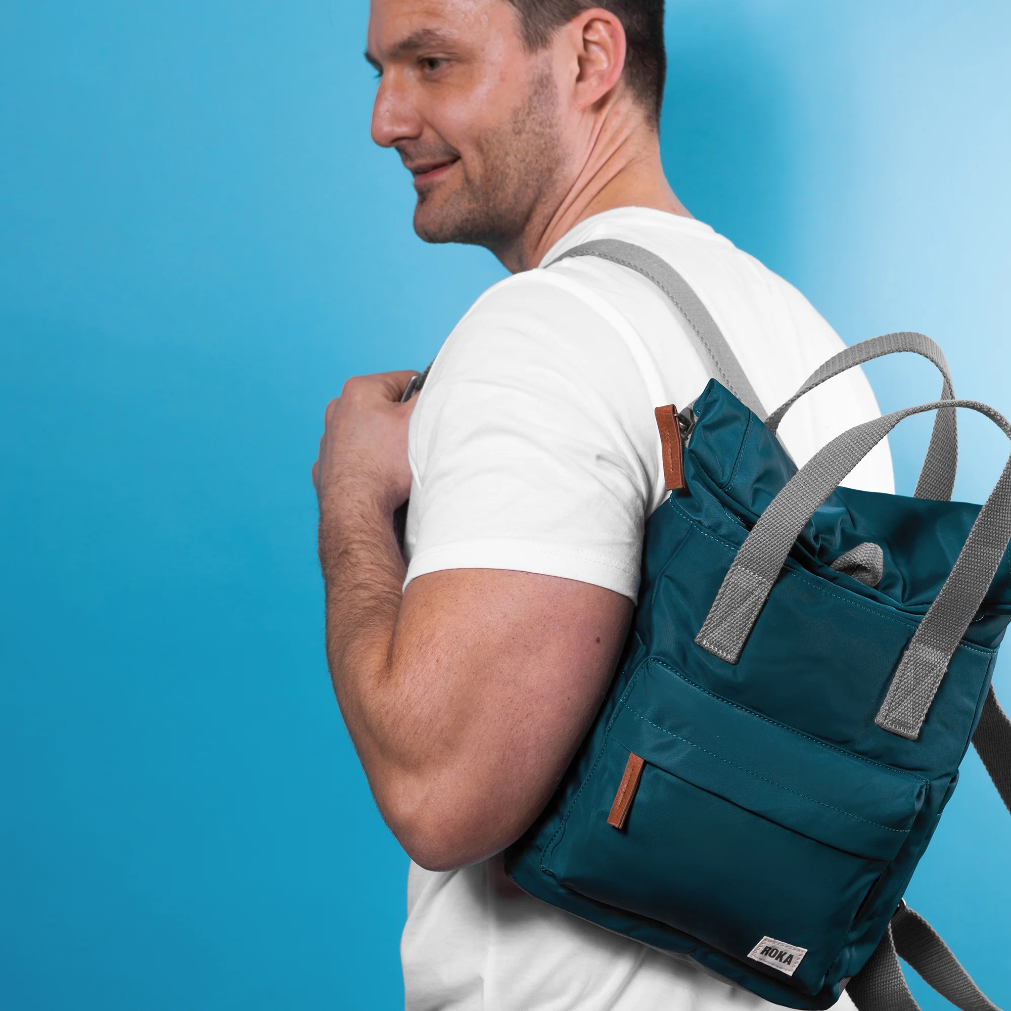 Roka London Canfield B Sustainable Nylon Rucksack, Teal - Image 10