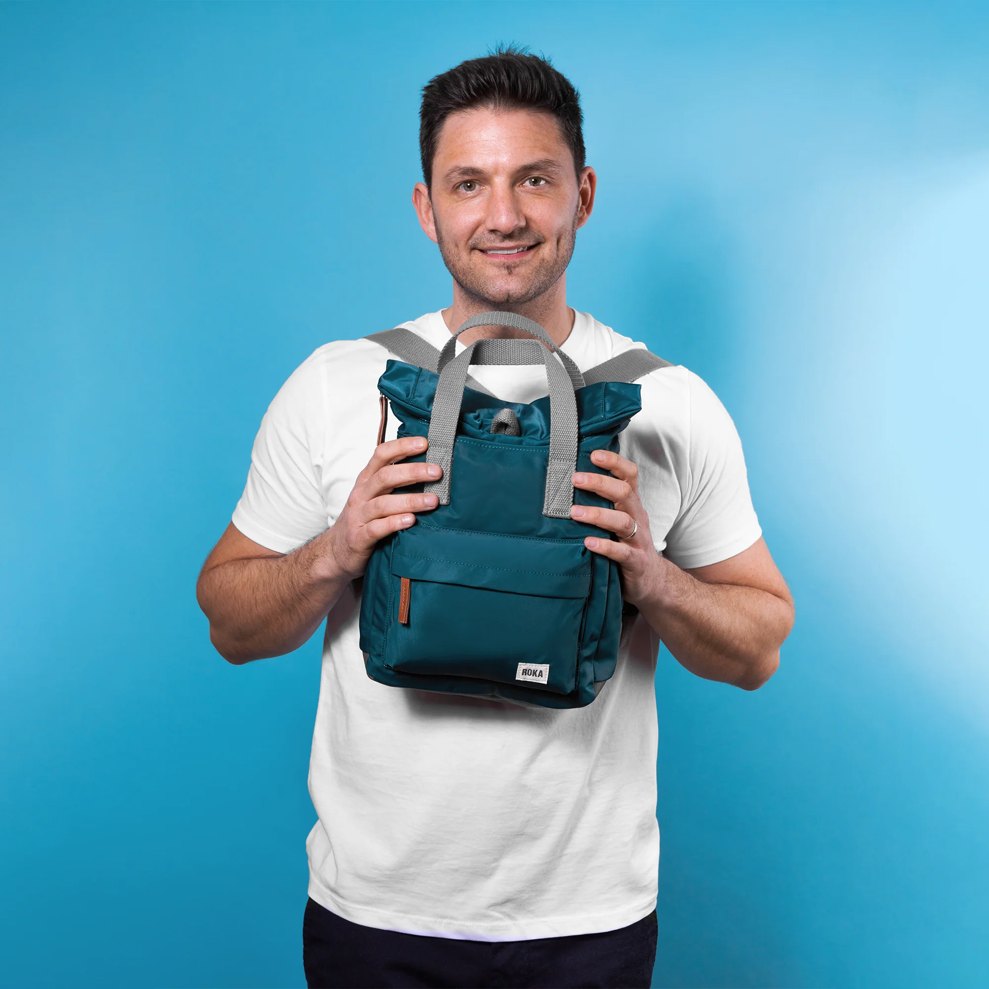 Roka London Canfield B Sustainable Nylon Rucksack, Teal - Image 8