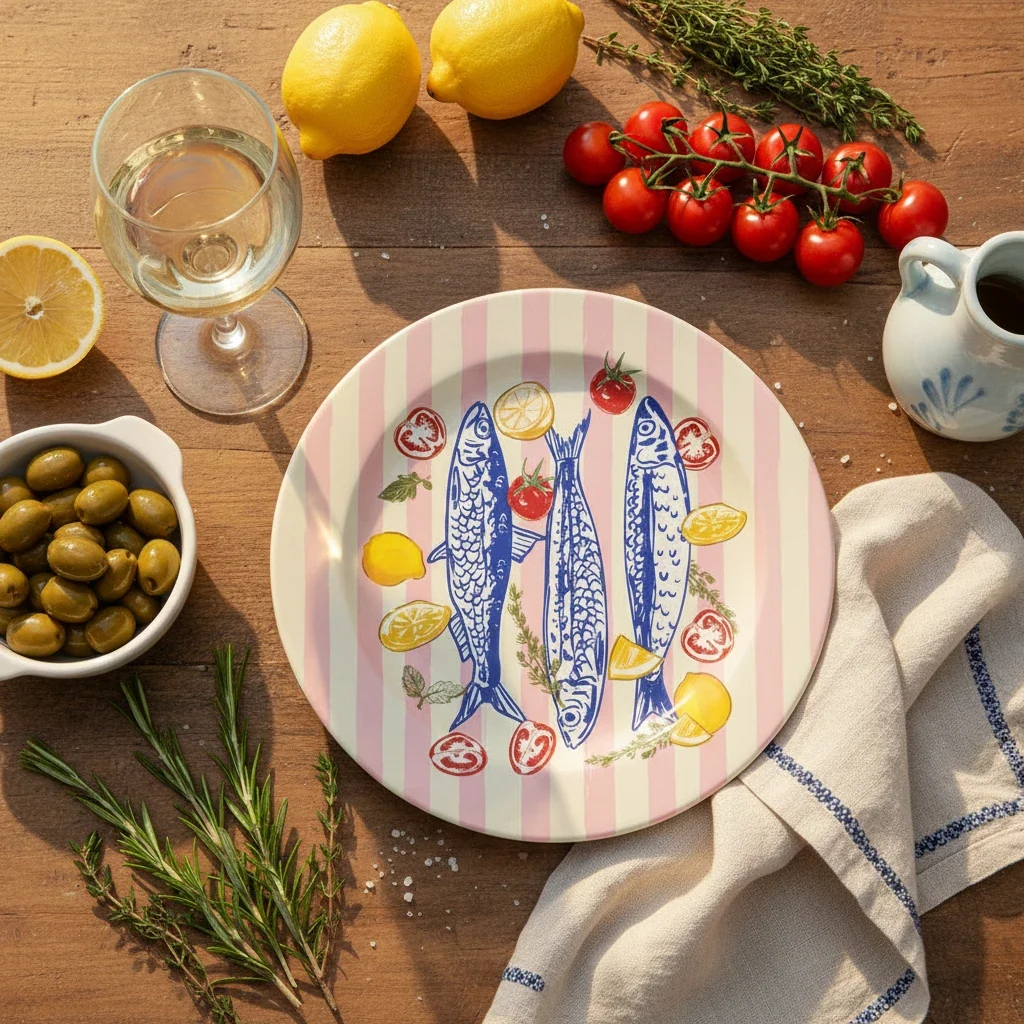 Sardines Pink Striped Ceramic Dinner Plate By Ezbie - Image 2