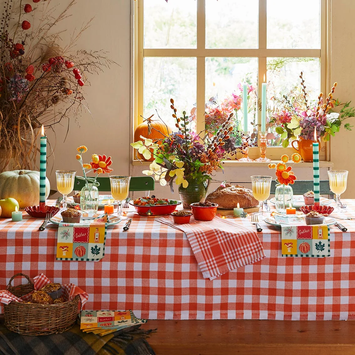 Talking Tables Bon Appetit Gingham Cotton Tablecloth, Orange - Image 3