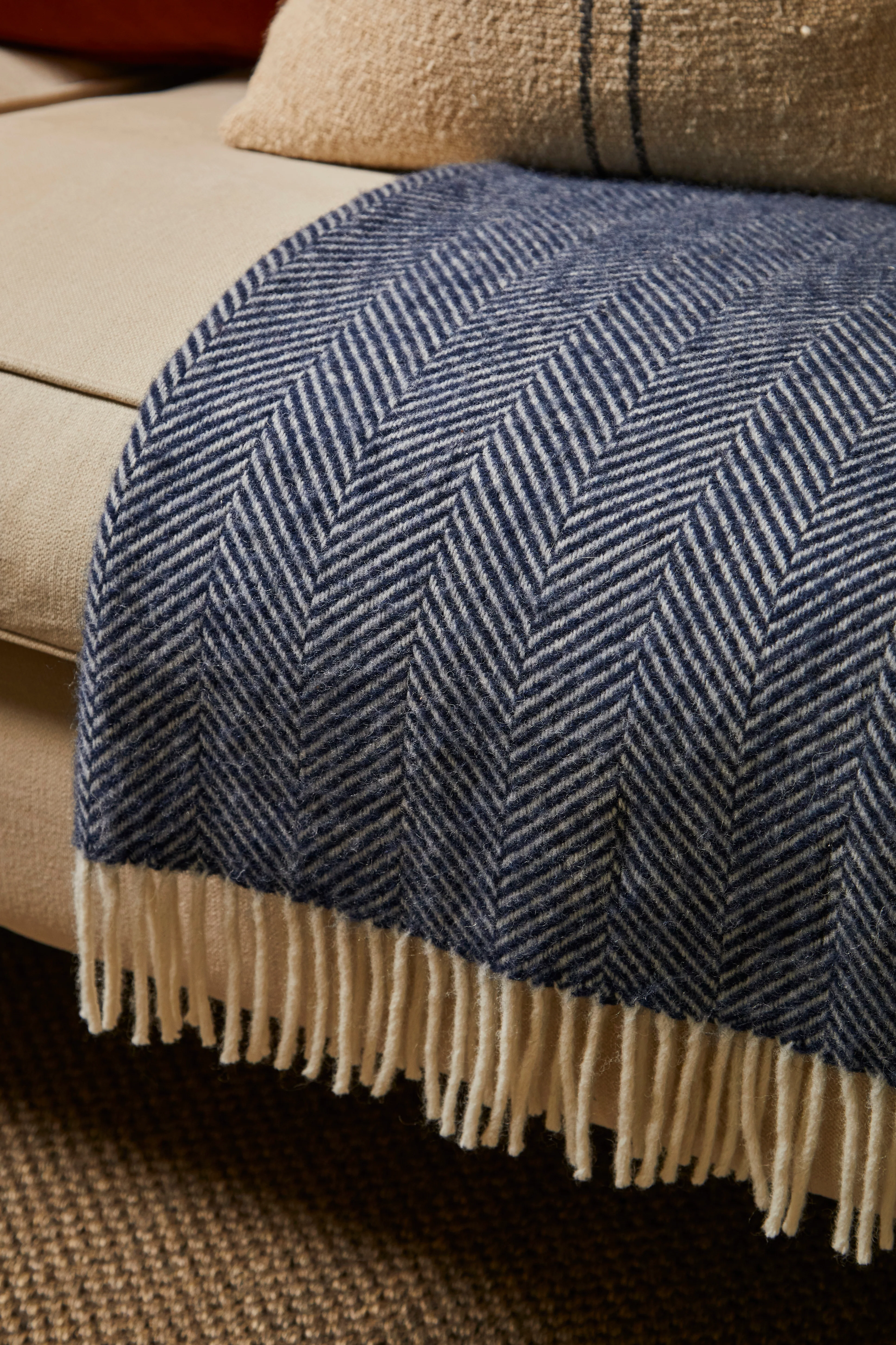 Tweedmill Fishbone Pure New Wool Throw, Navy - Image 2