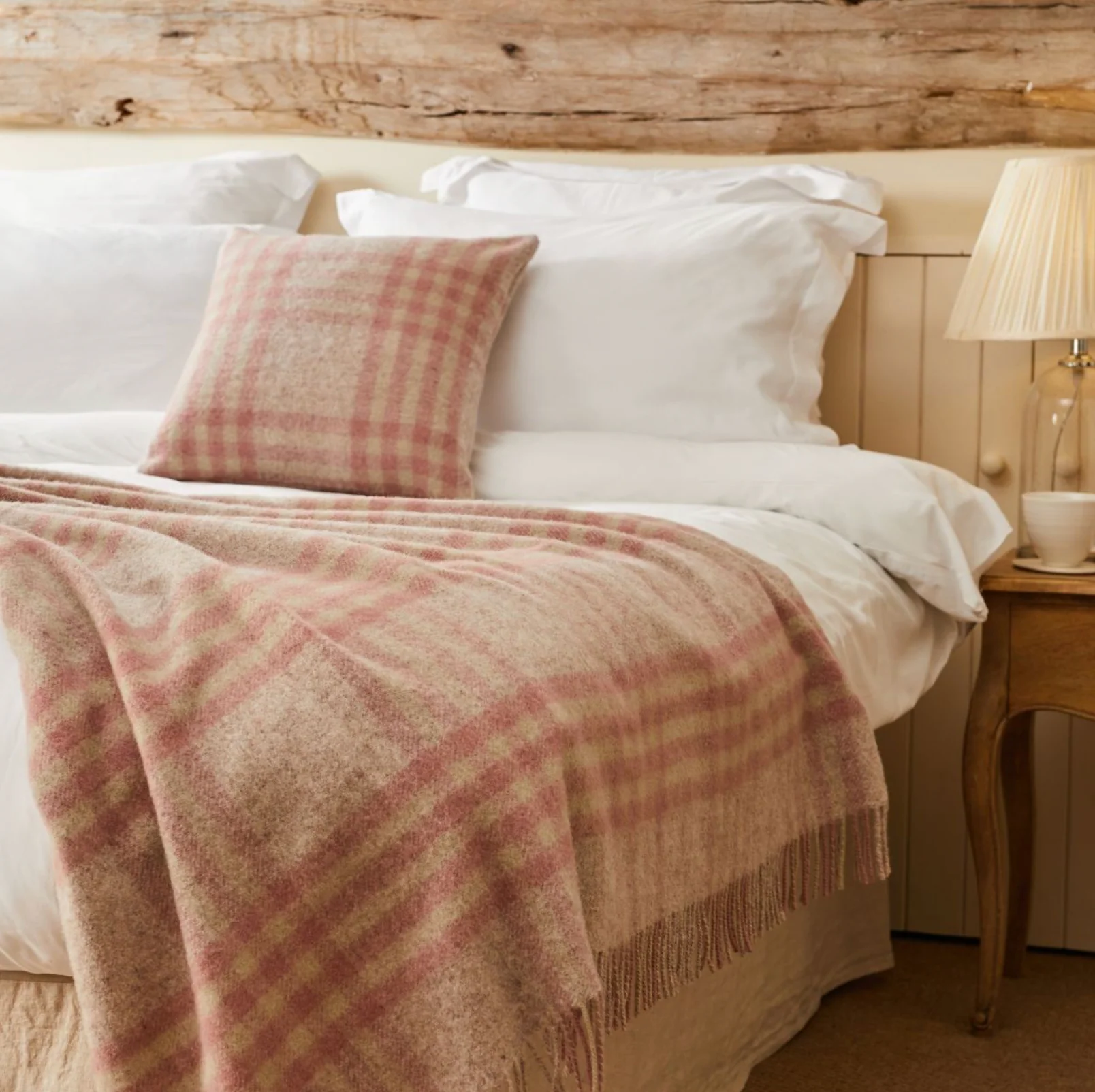 Tweedmill Hex Check Pure New Wool Throw, Dusky Pink - Image 2