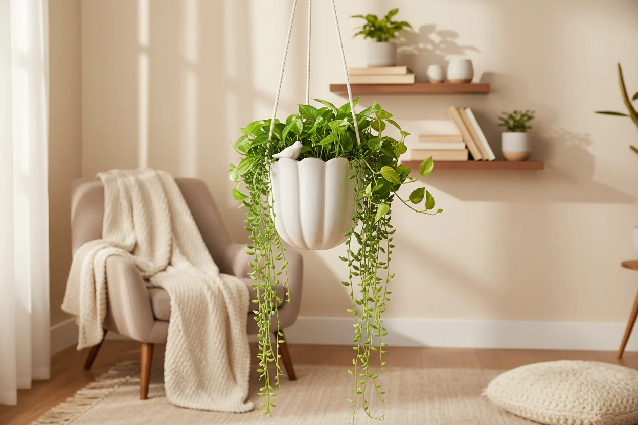 Wikholm Bonnie Ceramic Hanging Planter, Off White - Image 2
