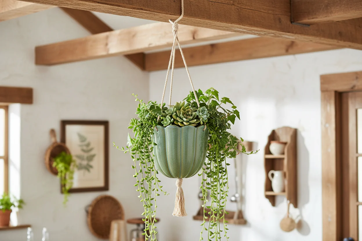 Wikholm Bonnie Ceramic Hanging Planter, Green - Image 2