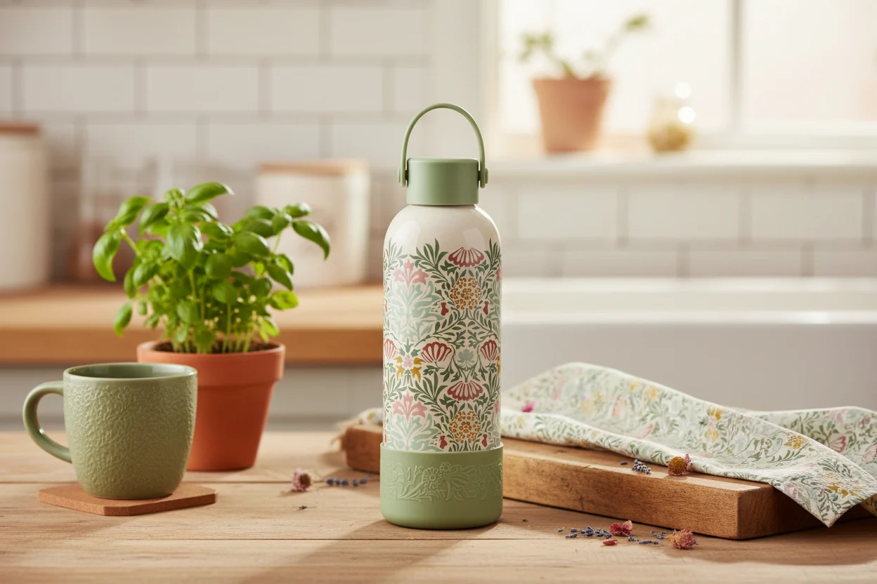 William Morris Kitchen Garden Stainless Steel Water Bottle, Cream - Image 4
