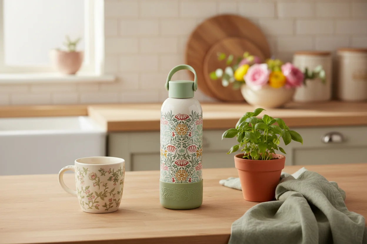 William Morris Kitchen Garden Stainless Steel Water Bottle, Cream - Image 5